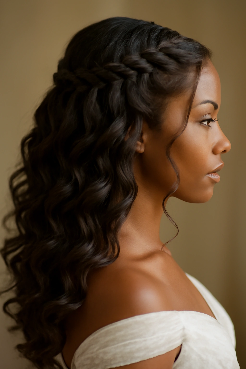 12 Stunning Bridal Hairstyles for Black Women 6 Waterfall braids cascading into curls along the side and back.