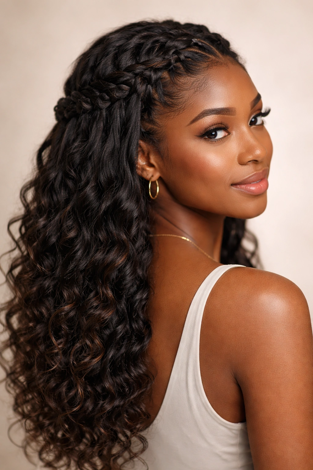 Waterfall braid hairstyle with cascading braids and loose hair between sections