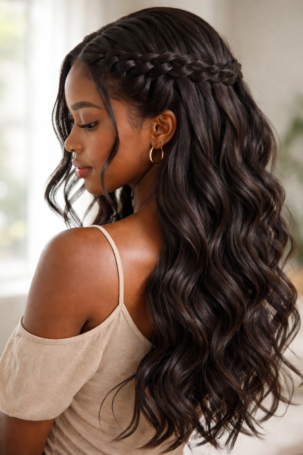 Two waterfall braids with cascading loose strands framing the face