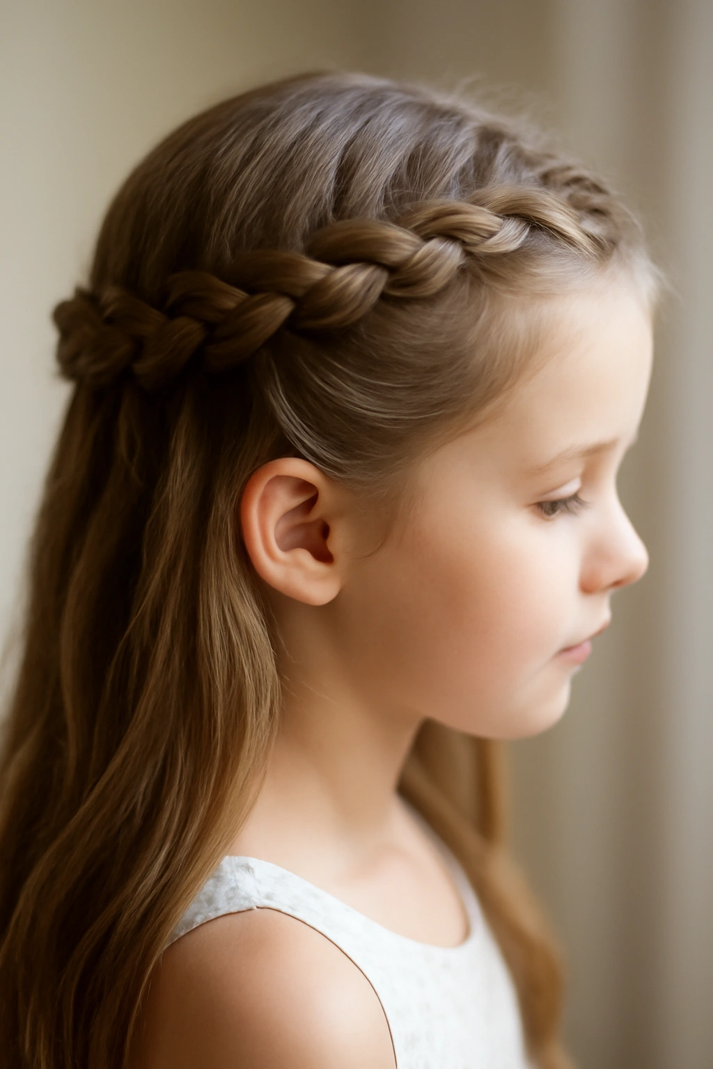 10 Braided Crown Hairstyles Every Flower Girl Needs 4 Side view of a loose waterfall braid crown cascading along the head