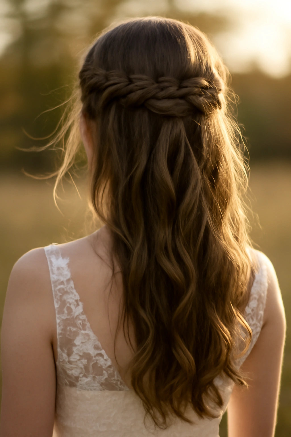 8 Half-Up Braided Styles That Were Made for Weddings 4 Bride's waterfall half-up braid with cascading strands and light-catching texture.