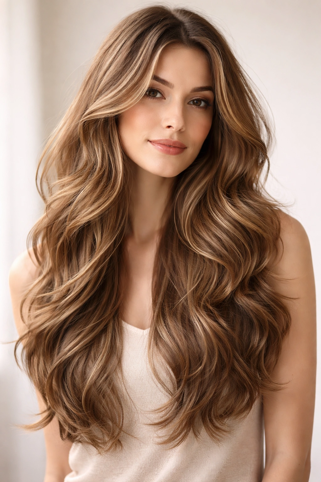 Long, wavy hair with graduated layers following natural wave patterns
