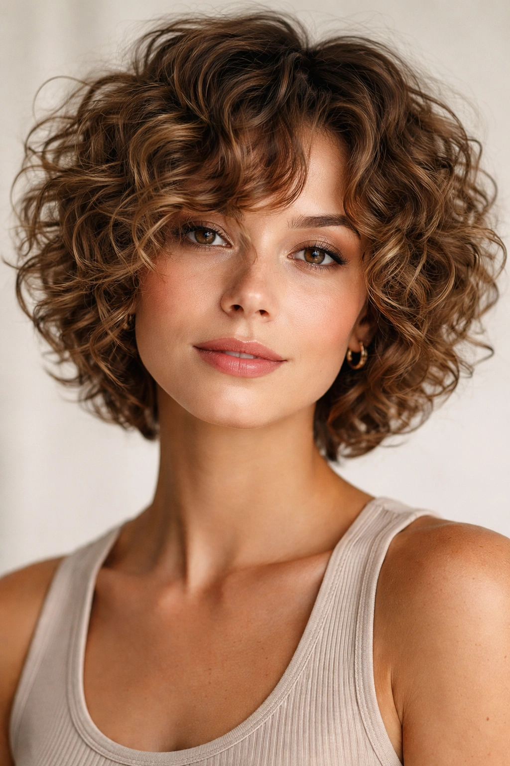 Head-and-shoulders portrait of a person with wave perm and layered curls