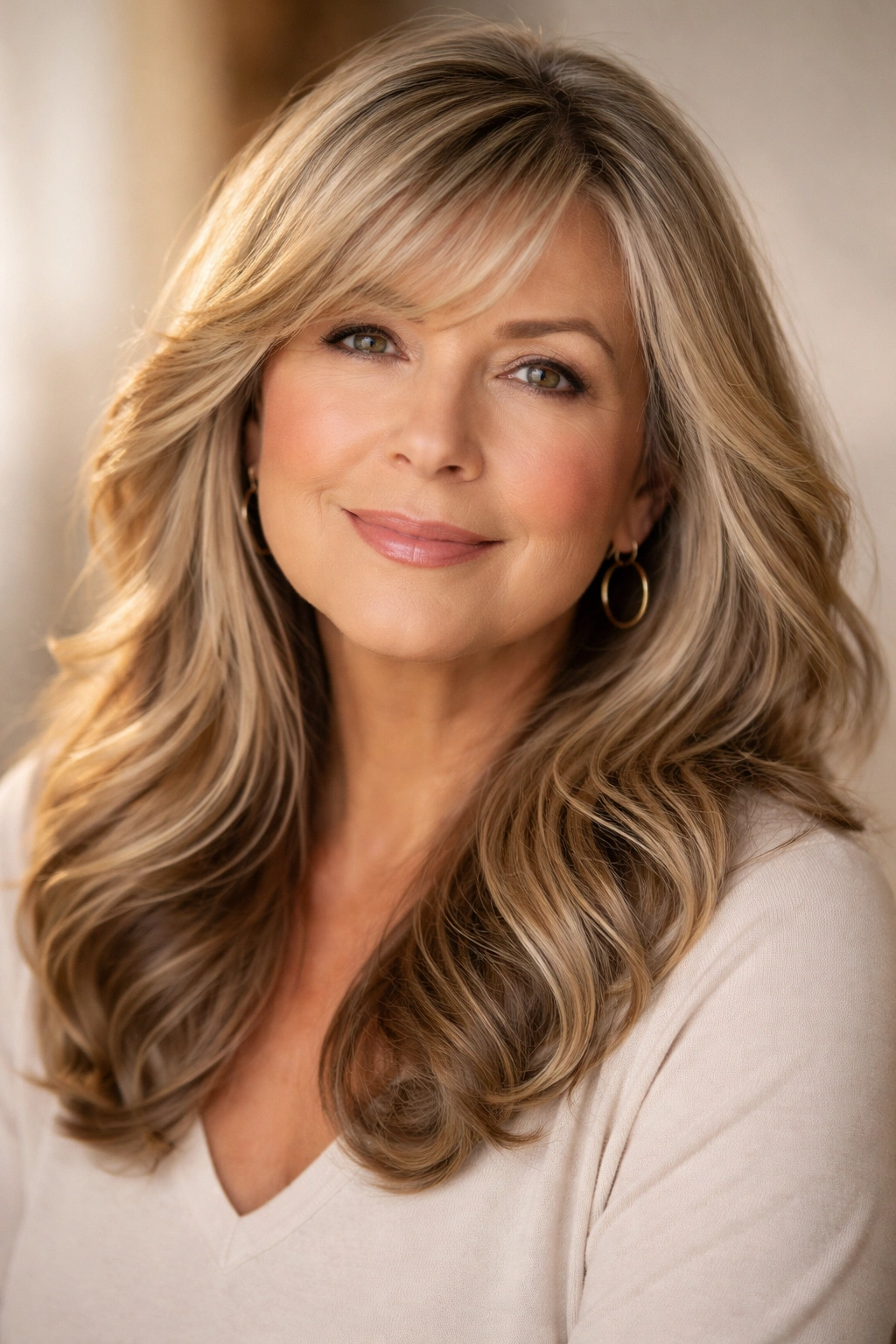 20 Haircuts For Women Over 60 By Face Shape 19 Close-up portrait of a mature woman with flowing waves and sideswept bangs for round faces
