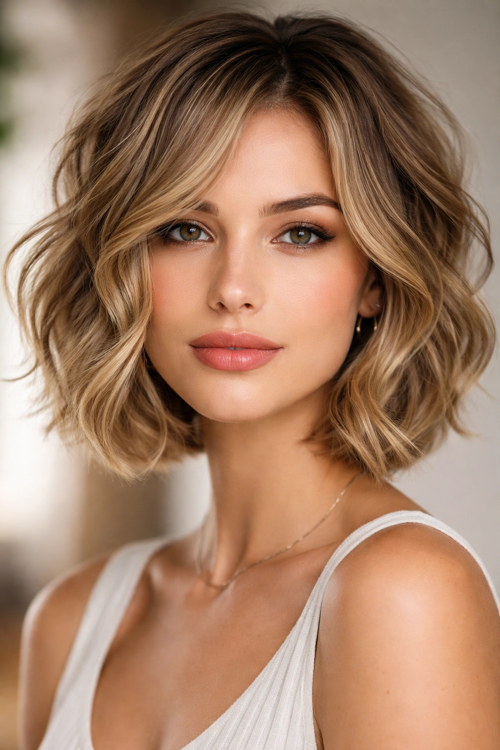 Chin-length bob with soft feathered layers and loose, piece-y waves that soften a diamond face.