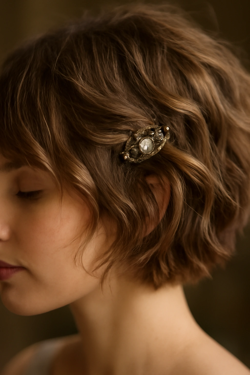 10 Simple Wedding Hairstyles for Short Hair Brides 3 Soft tousled waves on short hair with vintage clip