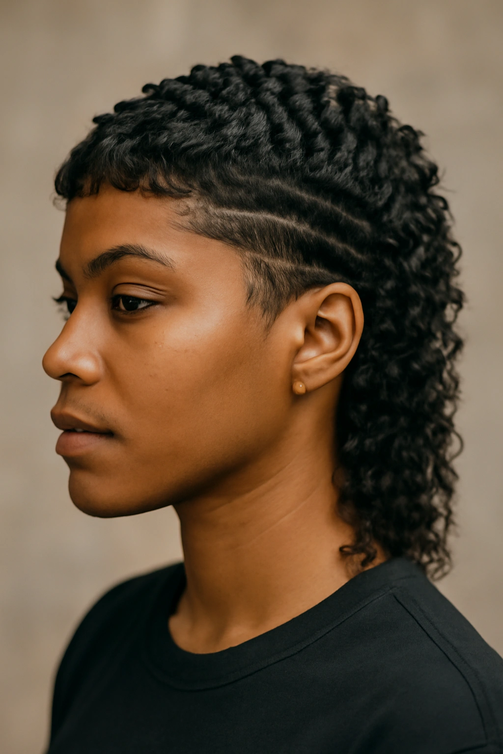 10 Short Mullet Styles Black Women Are Loving 9 Three-quarter view of a person with The Waves and Coils Mullet, showcasing defined wave patterns on the sides and back.