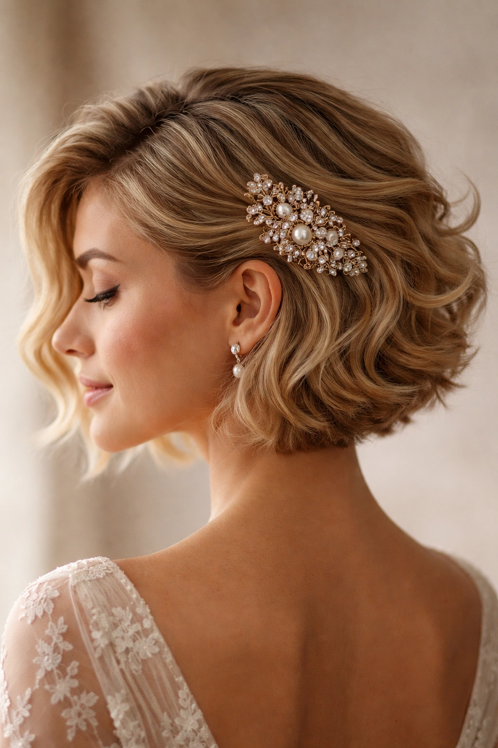 Tousled waves on short hair secured with a vintage hair comb.
