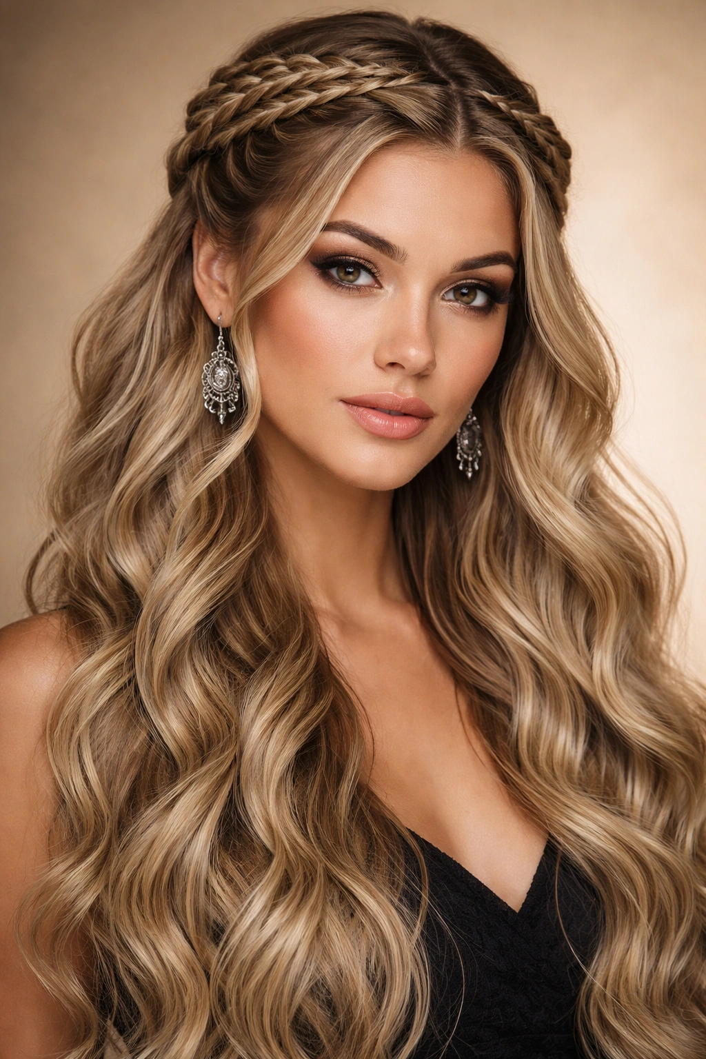 Waves with a decorative crown braid across the head