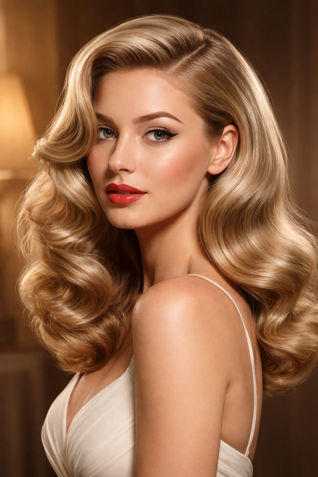 Glamorous deep-side-part waves framing the face in 1950s style
