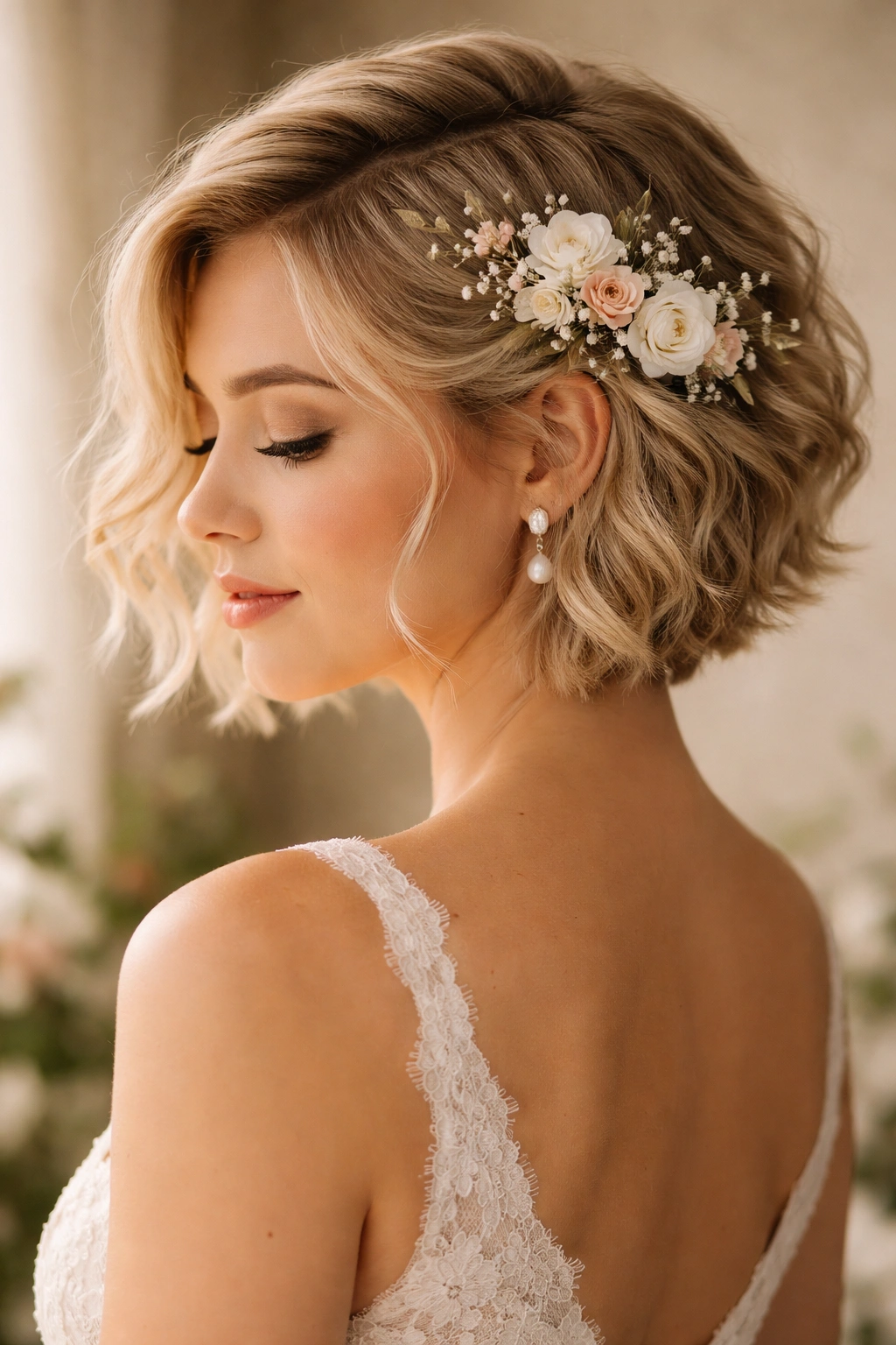 Tousled waves with floral comb in bridal hairstyle