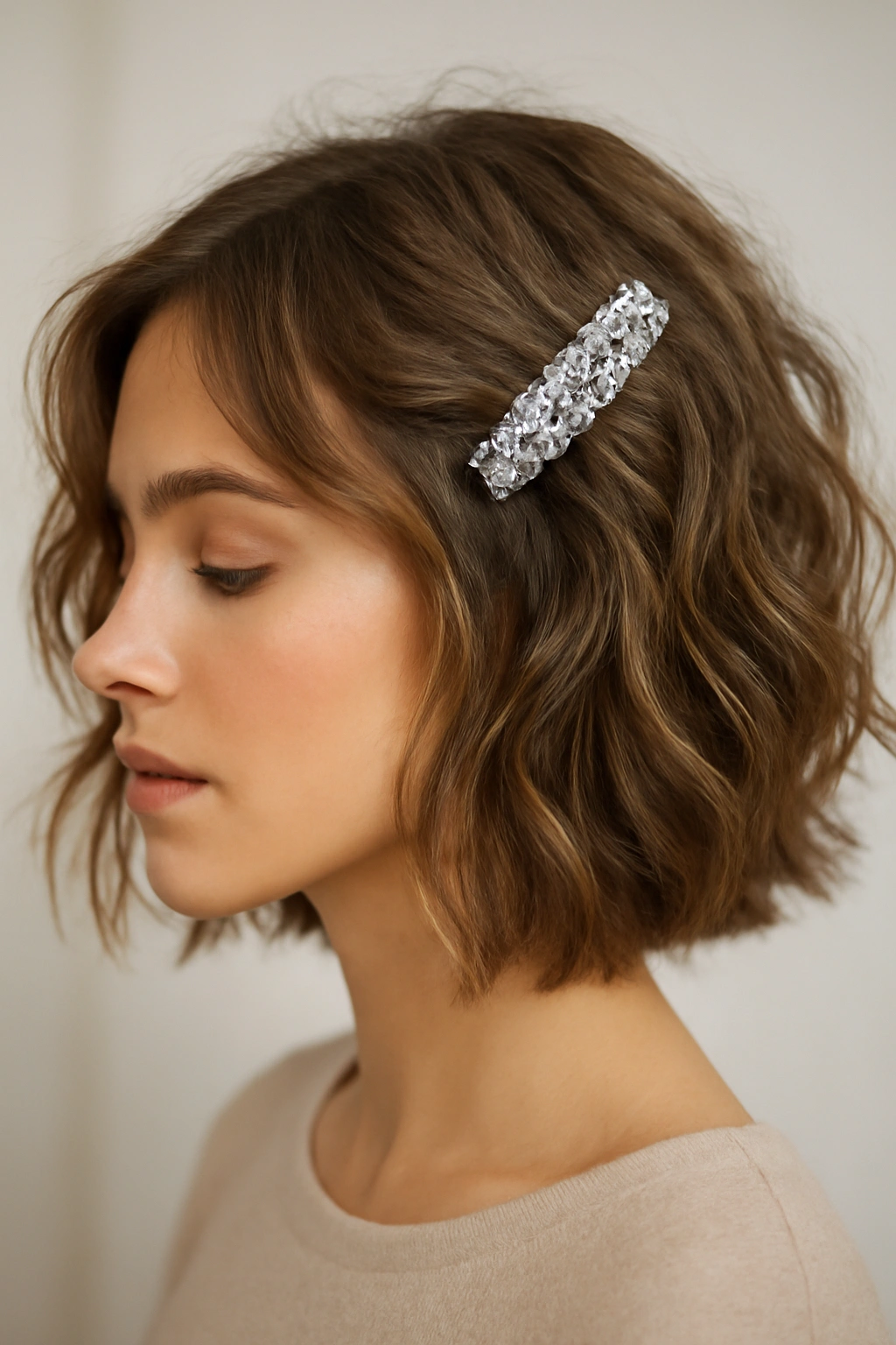 10 Cute Homecoming Hairstyles for Short Hair 9 Tousled waves with a large decorative clip on one side.