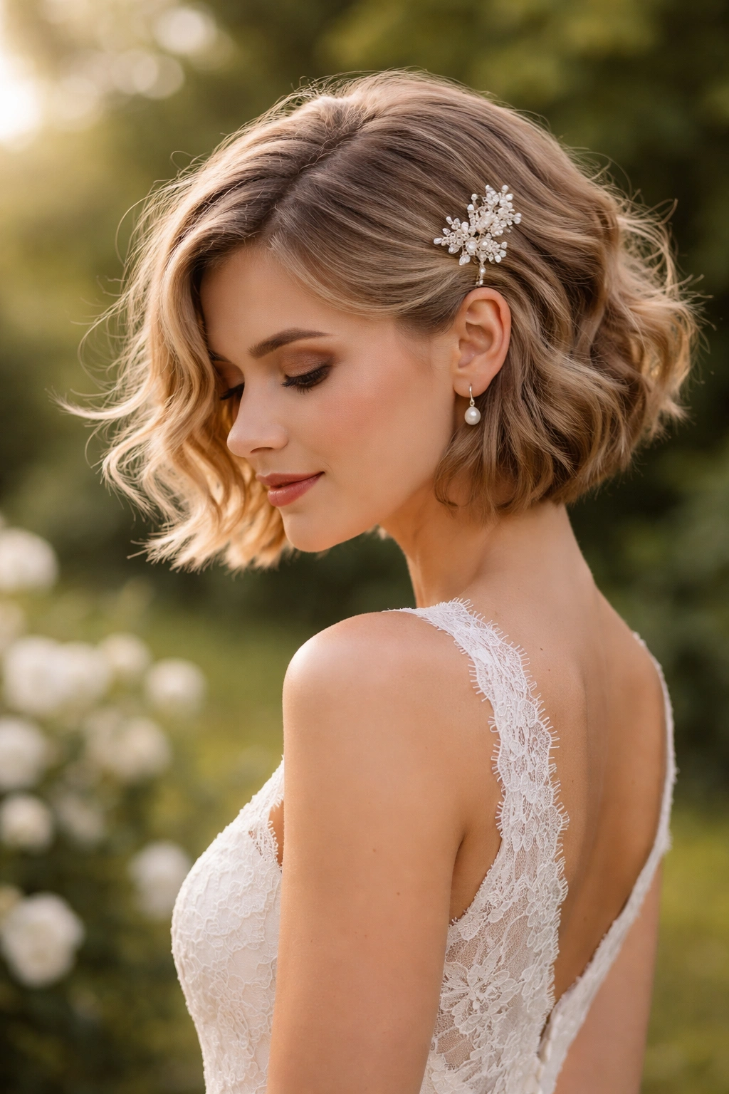 Tousled short waves with delicate hair clip in a garden setting