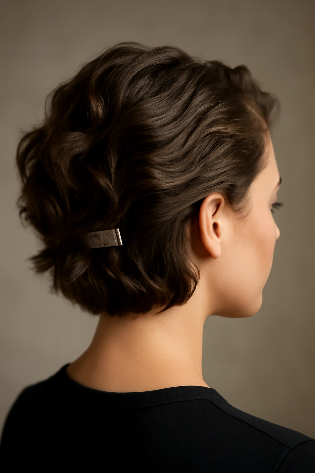 10 Graduation Day Hairstyles for Short-Haired Women 4 Short hair with voluminous waves and a metallic clip at the back.