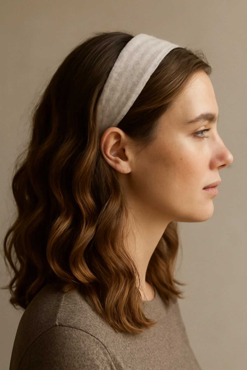 10 Helmet-Friendly Hairstyles That Stay Looking Good 9 Close-up side view of loose waves with a headband anchoring the crown