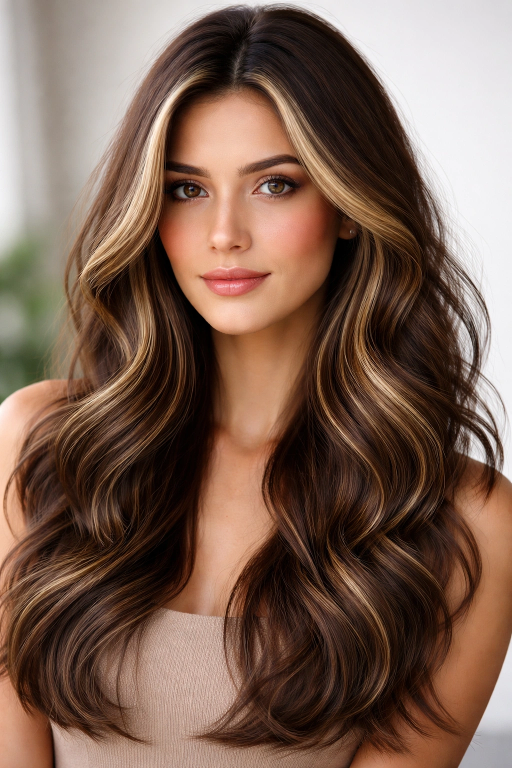 Long wavy hair with face-framing highlights on a model