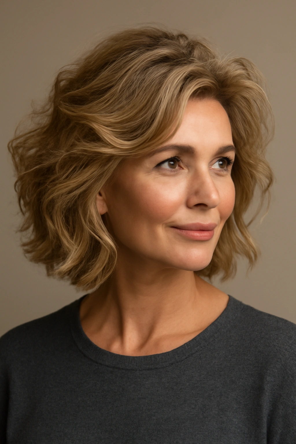 Portrait with tousled waves and lifted roots for fuller look.