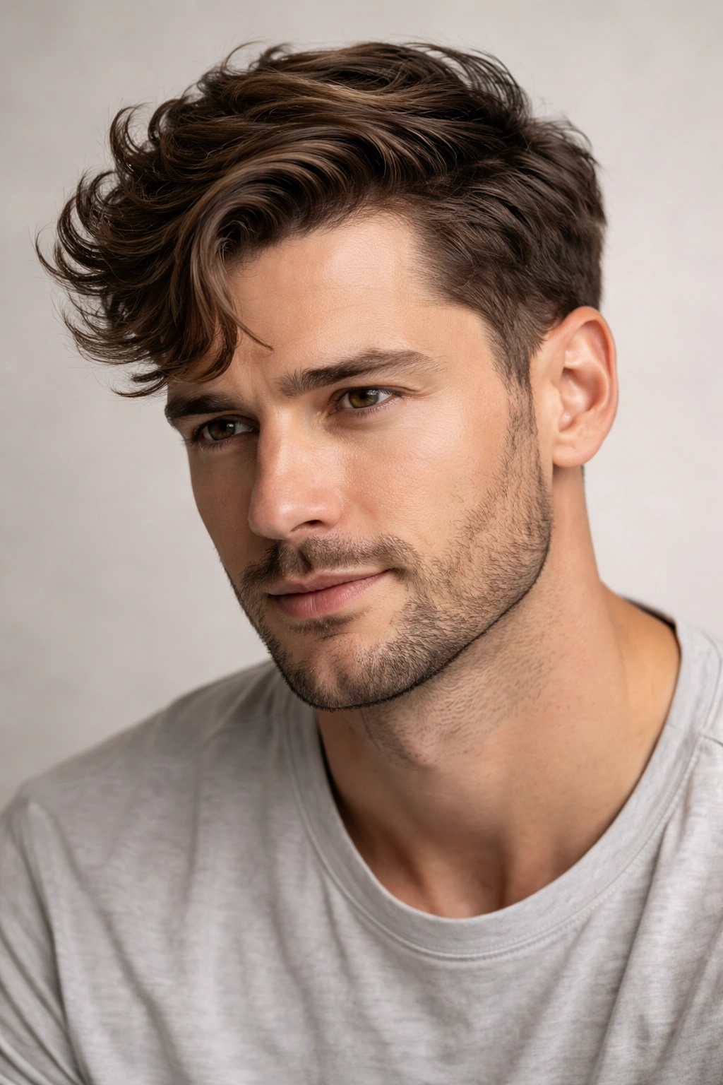 Close-up of a man's wavy hair swept to the side with a 3-4 inch top and tapered sides