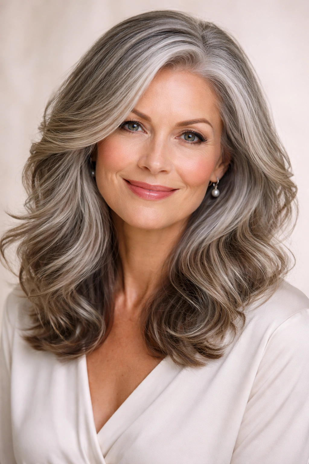 Medium-length hair with loose waves and a side part.
