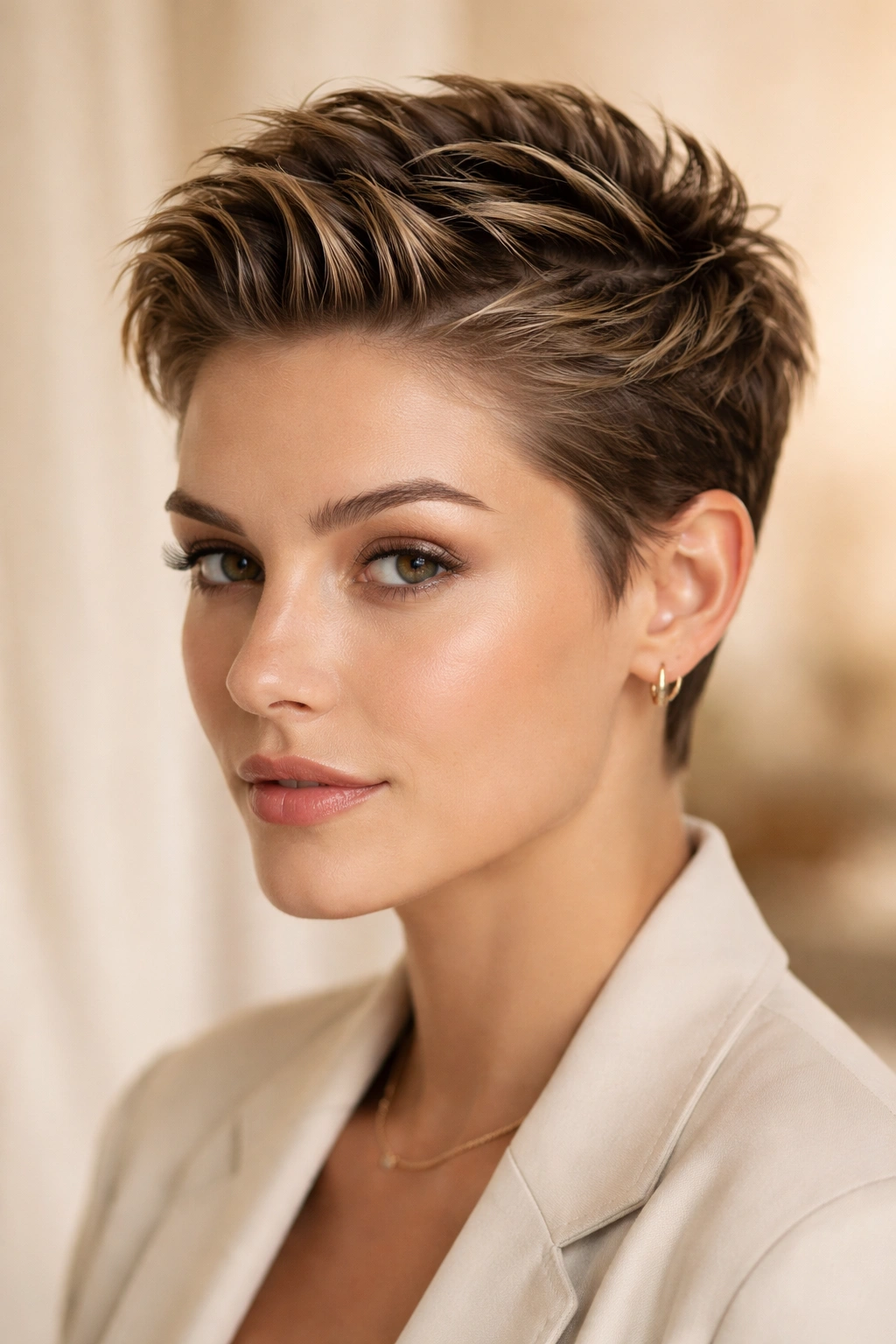 Short waves slicked back with visible texture and shine