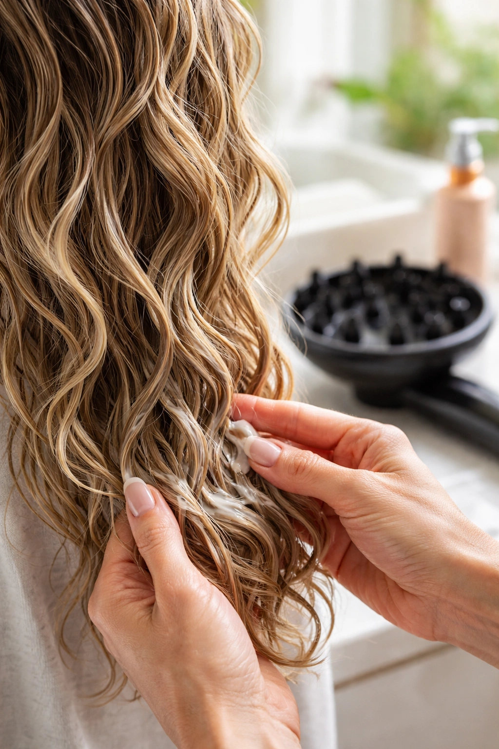 Close-up of hands applying curl-defining product to damp wavy hair with diffuser nearby