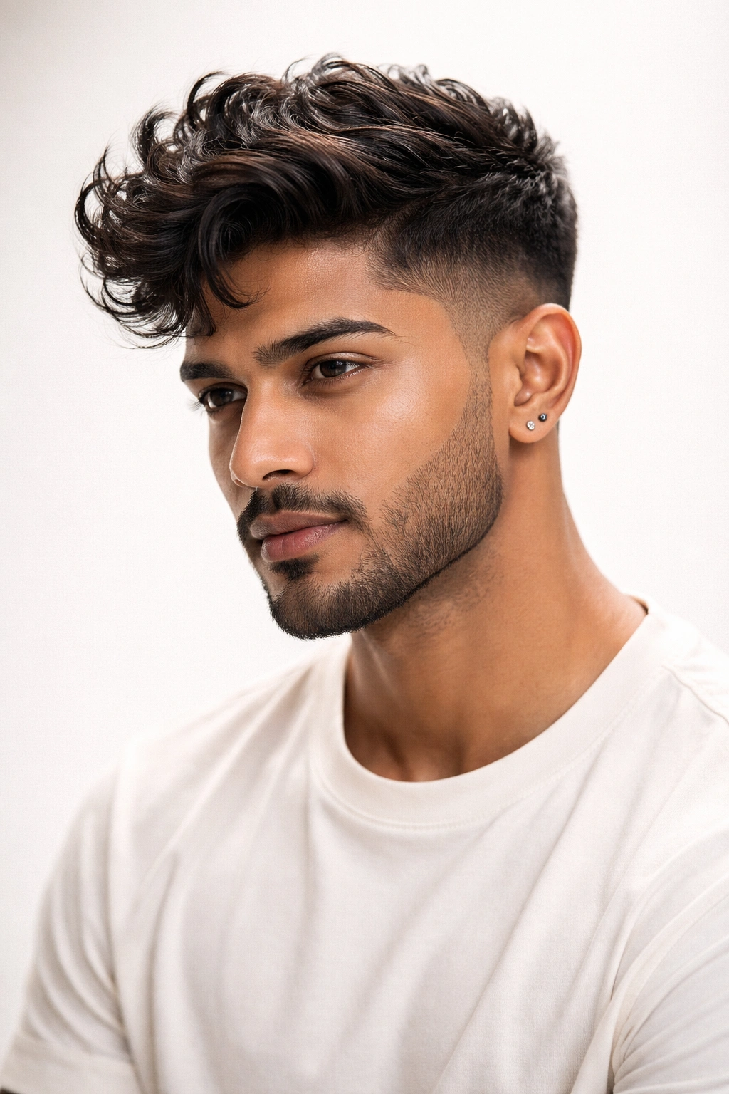 Man with defined waves and tapered sides in studio lighting