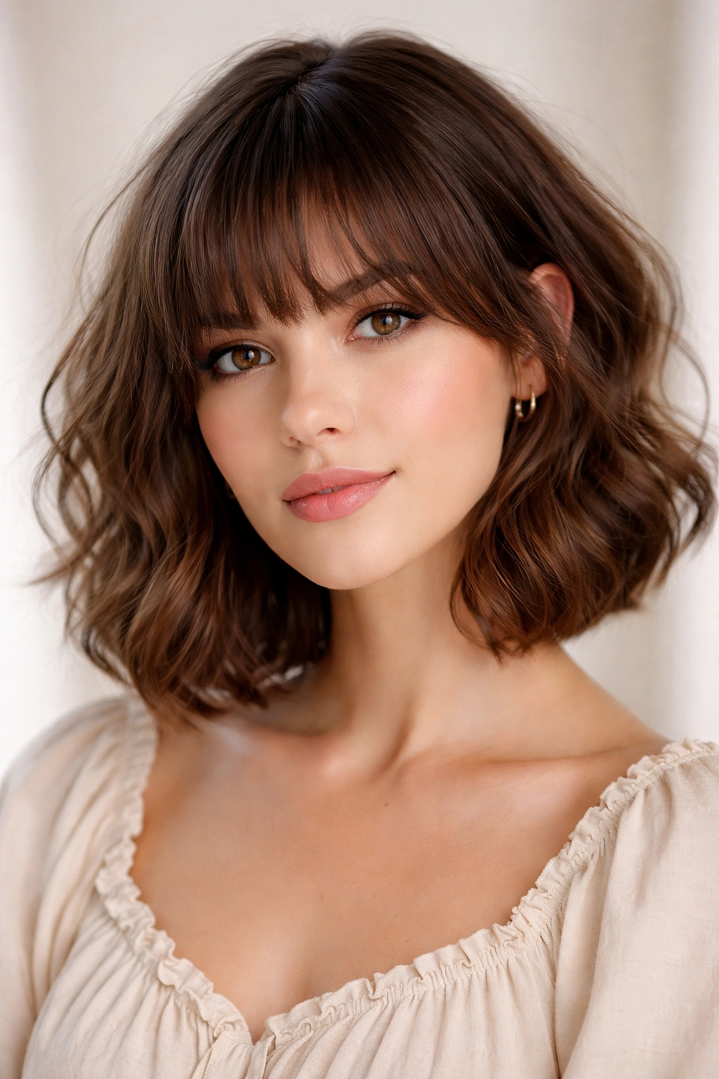 Wavy Bob with Bangs showing soft waves and face-framing bangs
