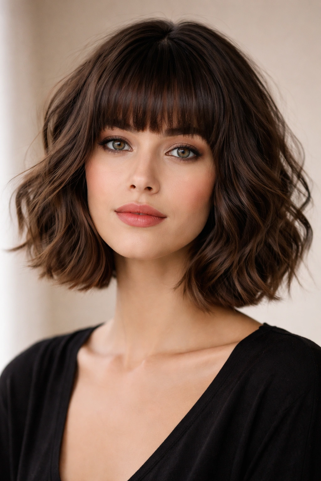 Chin-length wavy bob with blunt bangs, highlighting horizontal bang line and textured waves.