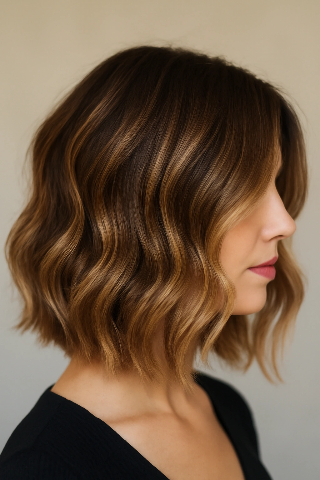 12 Medium Length Balayage Haircuts That Look Amazing 6 Wavy medium bob with caramel balayage enhancing depth and shine.