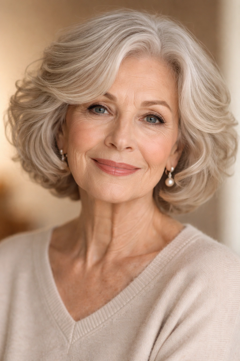 Close-up of an elderly woman with a wavy bob and soft waves in warm studio light