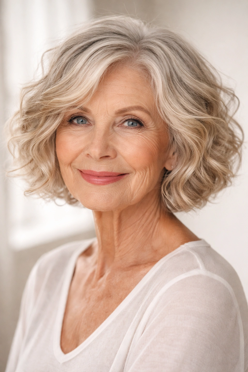 Close-up of a chin-length wavy bob with natural beachy waves and volume