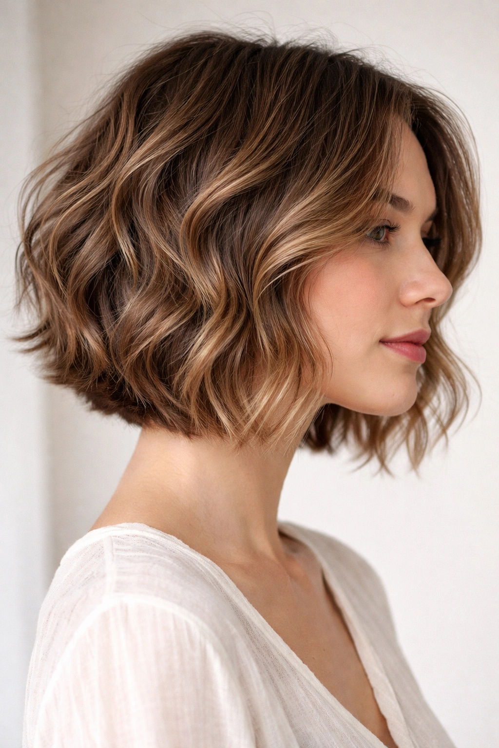 15 Short Low Maintenance Cuts For A Busy Life 13 Close-up of a head-and-shoulders with a wavy bob featuring textured layers for natural waves