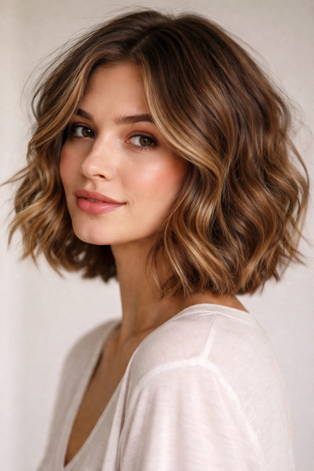 22 Bob Haircuts Flattering On Every Face Shape 7 Close-up portrait of a person with a wavy tousled bob showing natural texture and movement