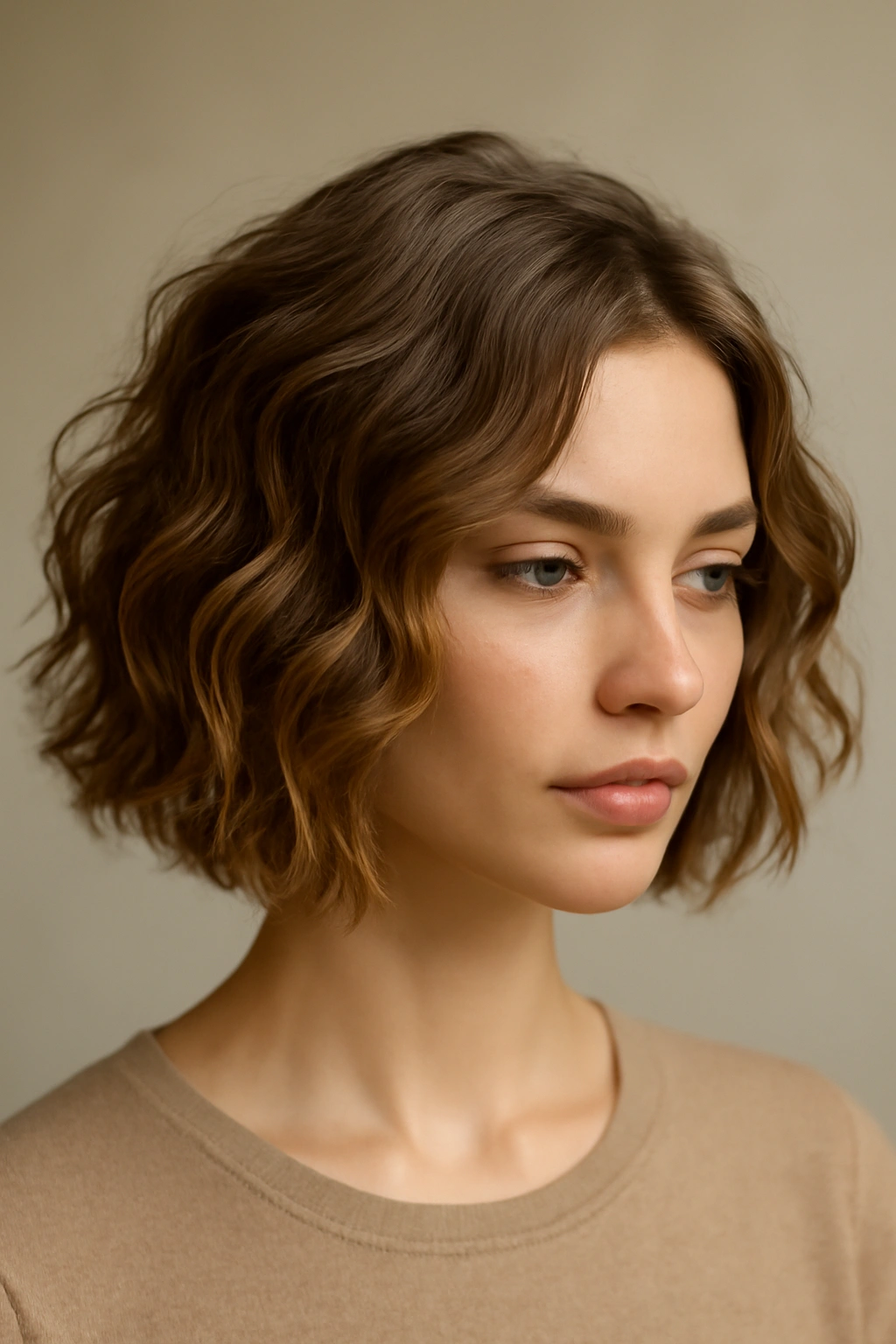 18 Short Bob Cuts For Fine And Thick Hair Alike 7 Close-up of a wavy bob with natural waves and soft layers in studio lighting