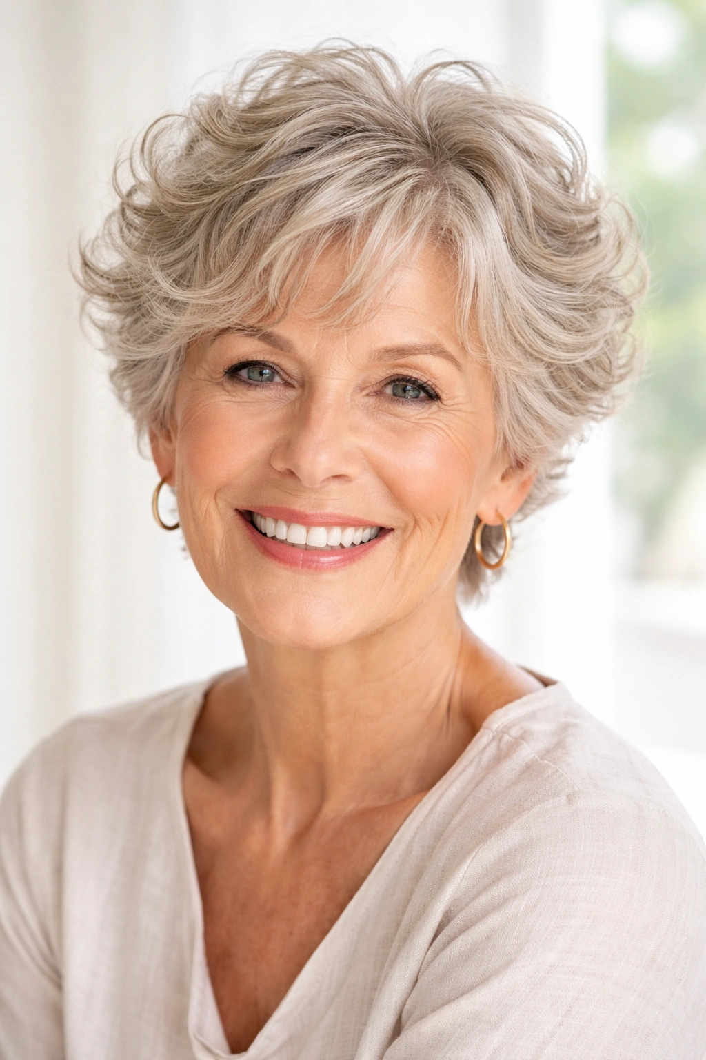 Mature woman with short, cropped wavy hairstyle