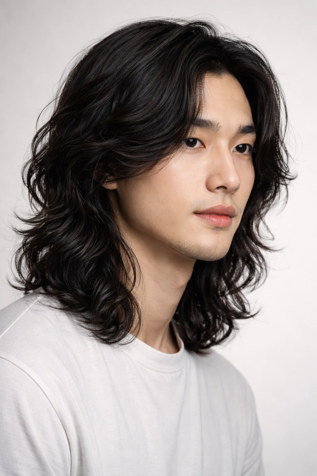 Close-up of wavy medium-long Asian hair with loose waves