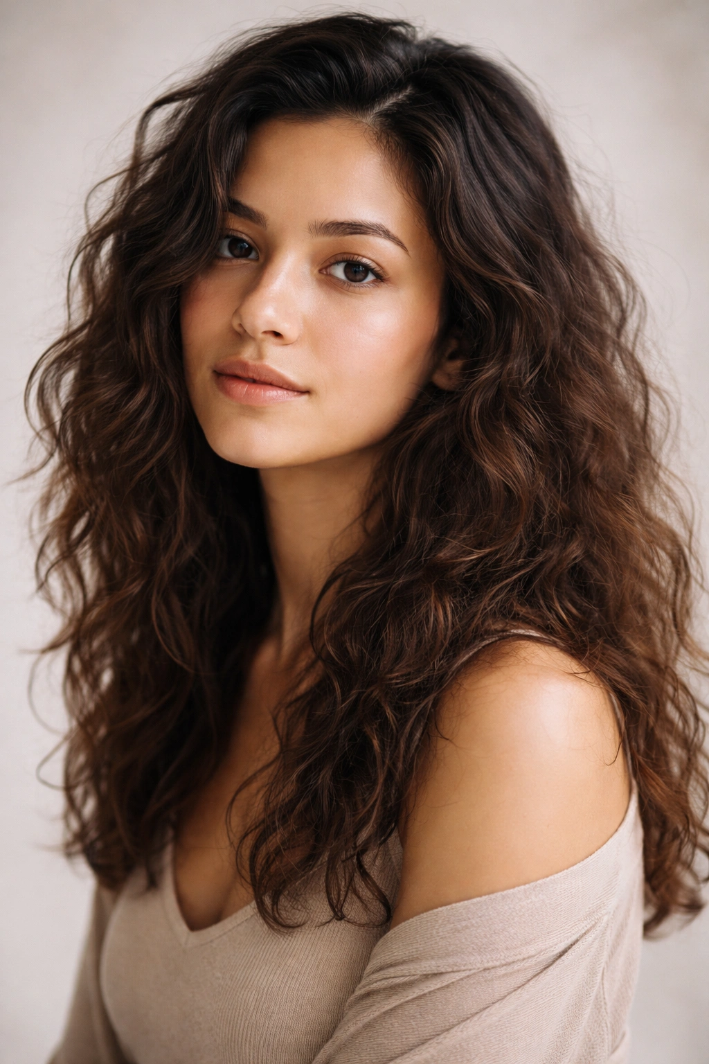 Portrait of a person with natural wavy hair in a neutral studio backdrop
