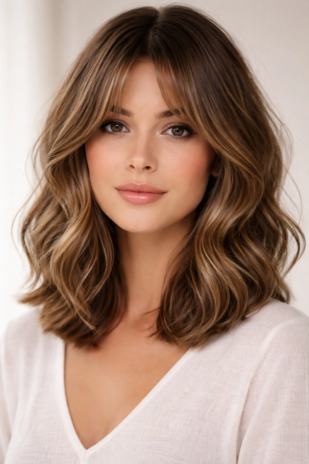 Close-up of wavy shoulder-length hair with curtain bangs framing the face