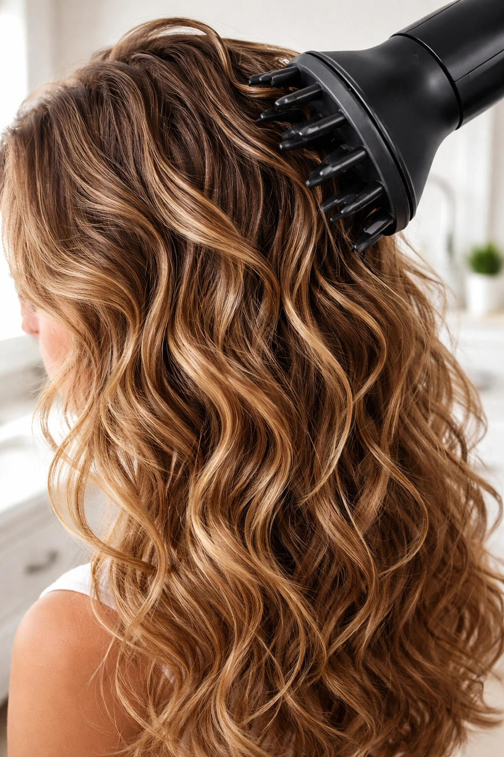 Close-up of wavy hair with a diffuser near the roots highlighting defined, voluminous waves