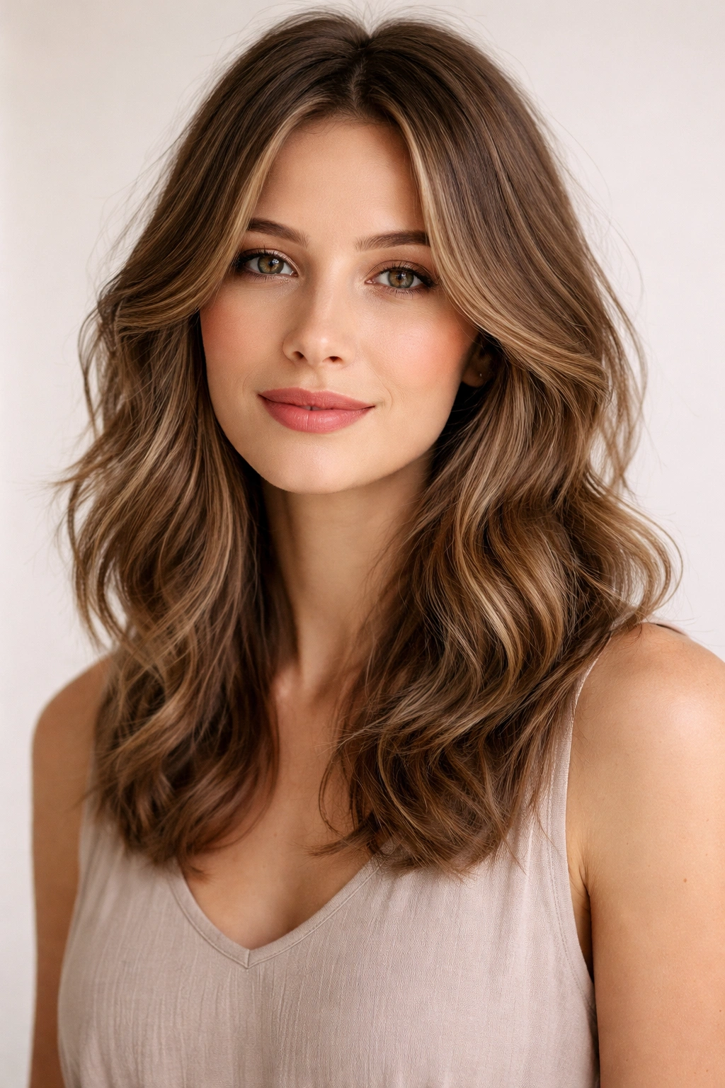 Medium-length hair with soft waves and layered texture on a model