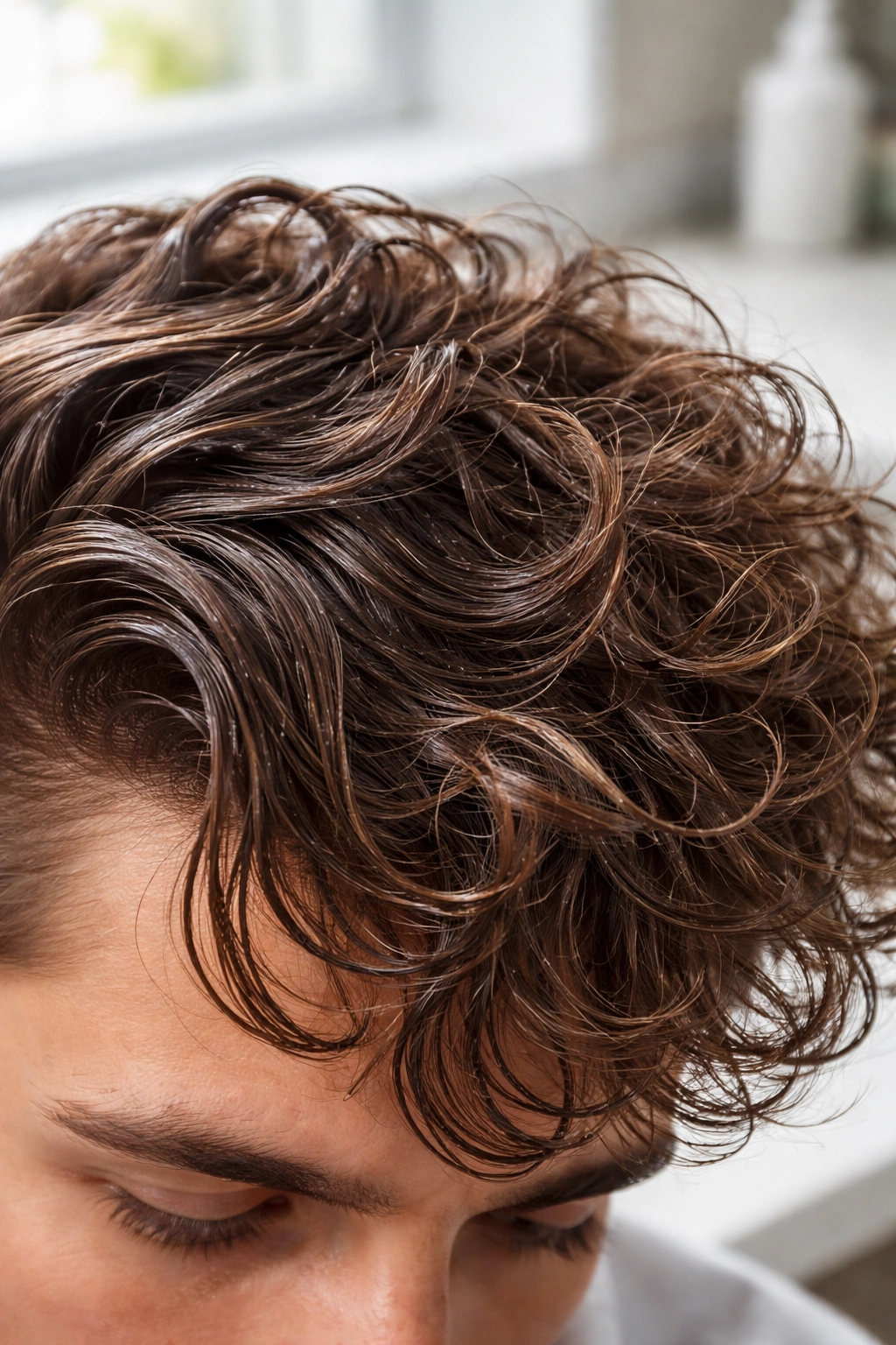 Close-up of wavy hair with greasy, crunchy texture and frizz illustrating common styling mistakes