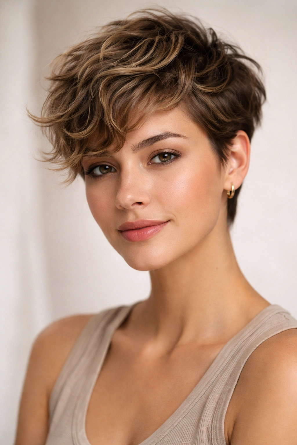 Close-up of a model's wavy pixie cut highlighting texture and movement