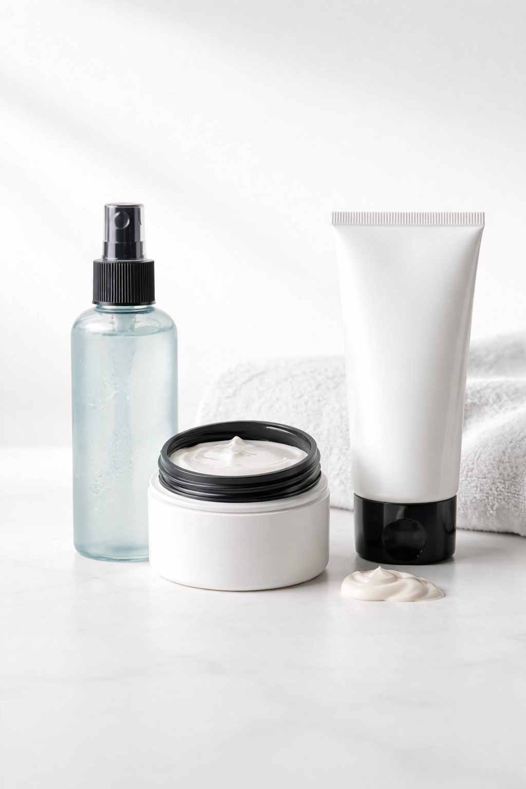 Silhouettes of bottles for sea salt spray and creams on a white background