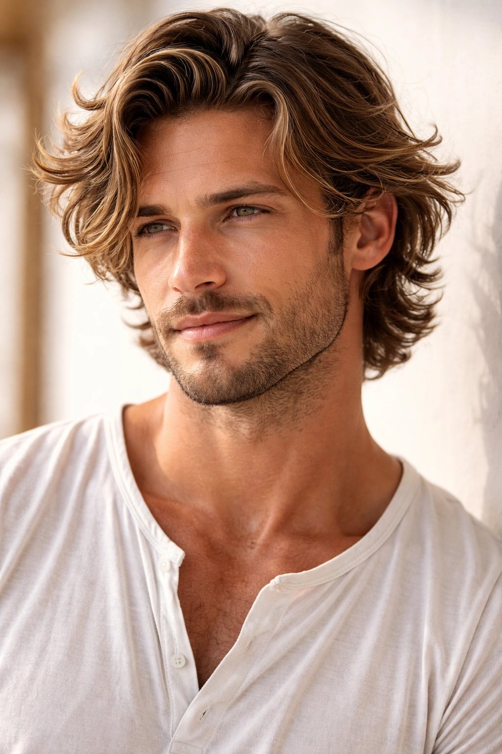 Portrait of a man with wavy hair and light stubble in a warm studio setting