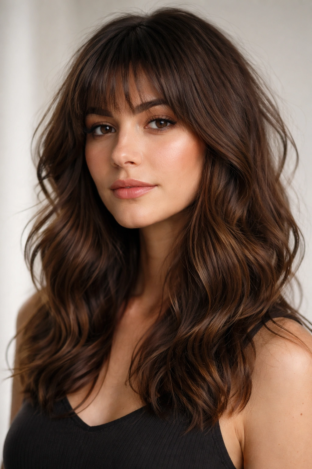 25 Medium Length Hairstyles That Suit Everyone 14 Medium-length wavy hair with textured bangs and layered waves