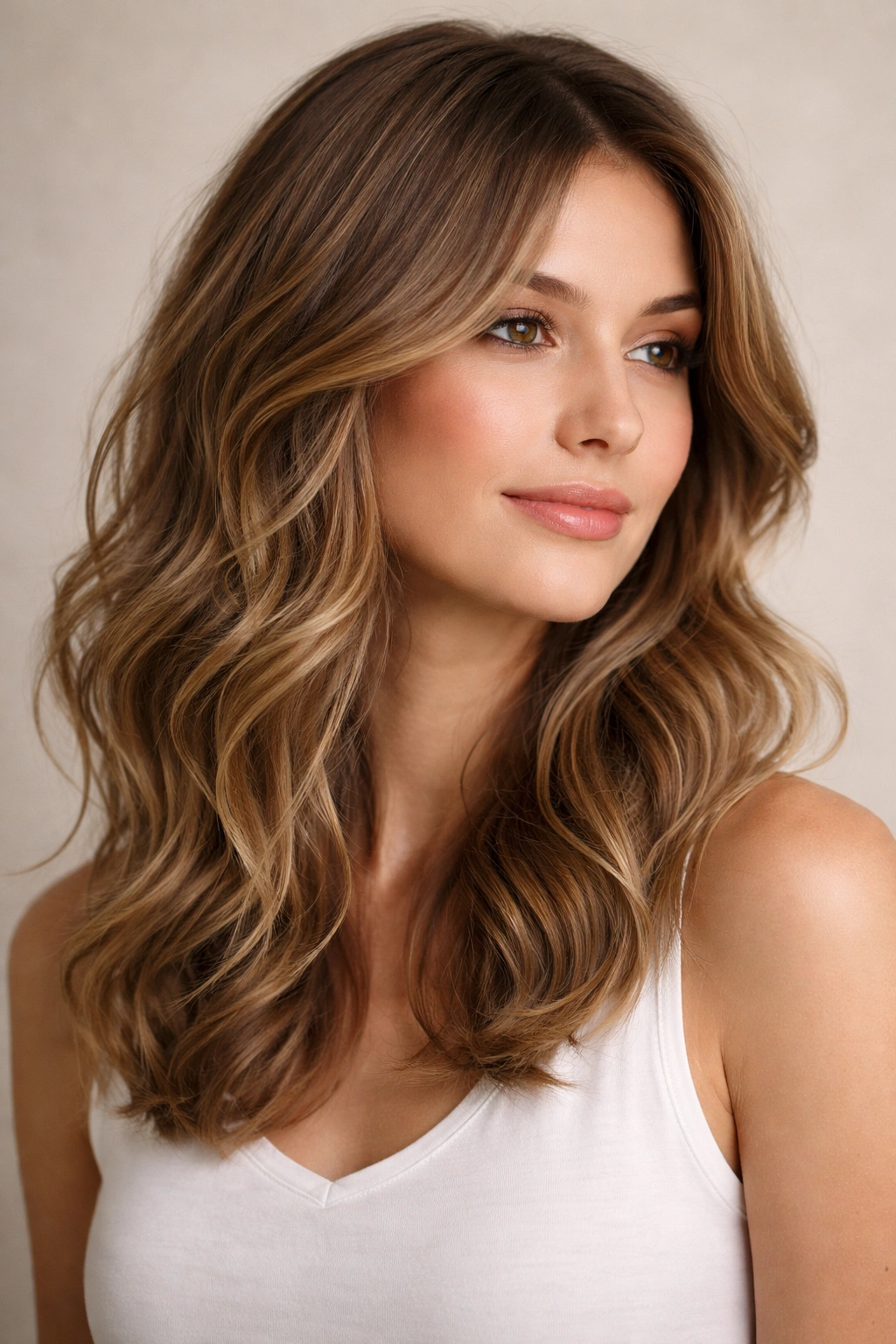 Medium-length wavy hair with light layers and natural texture