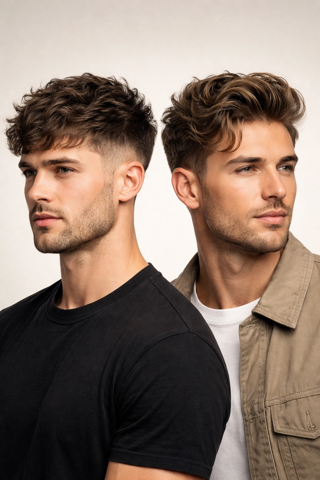 Two heads showcasing textured crop and wavy quiff hairstyles in a studio