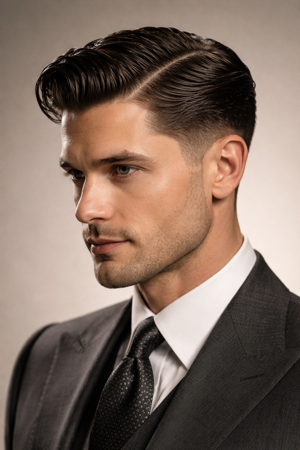 Close-up of a man with wavy hair and a sharp hard side part.