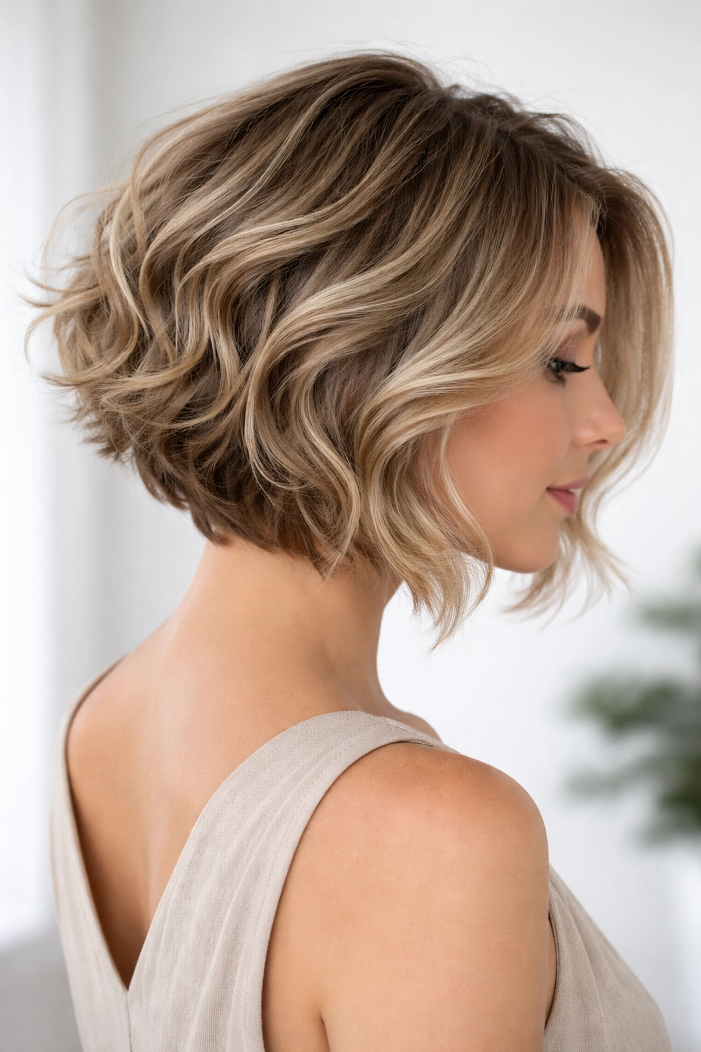 Wavy inverted bob with voluminous crown and defined waves