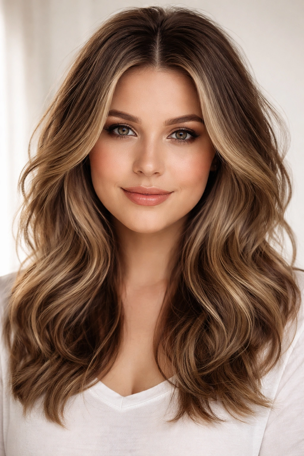 Wavy layered haircut with center part and crown volume in studio portrait